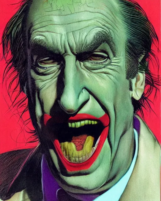 Prompt: portrait of saul goodman as the joker, illustration, art by neil gaiman and peter elson, bernie wrightson