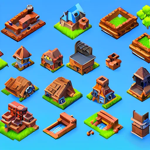Prompt: collection of 3 2 isometric building sprites on a solid background, clash of clans style, modular game dev art