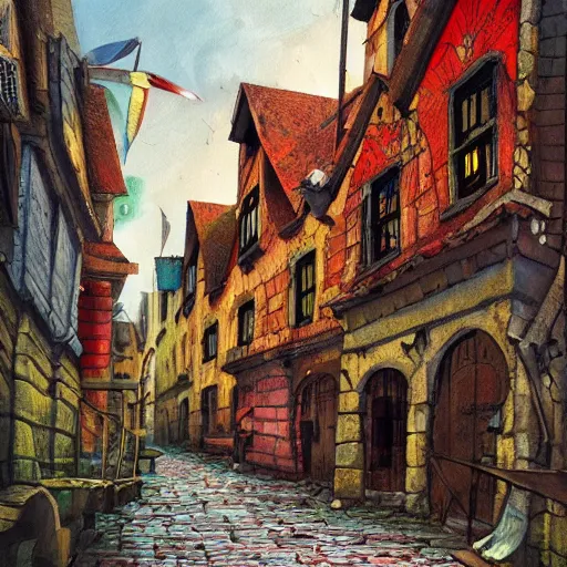 Prompt: a beautiful painting of a brightly colored medieval street with crooked buildings, painted by alexander jansson, artstation