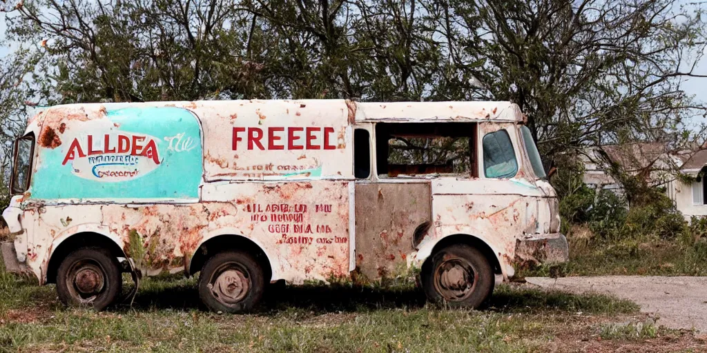 Image similar to an abandoned ice cream truck from the 6 0 s, with the words free ice cream and a logo for the ice cream company algida