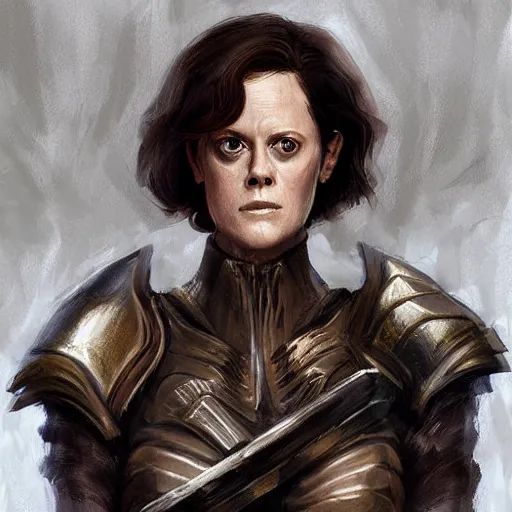 Image similar to young sigourney weaver as a d & d paladin, character portrait by wlop