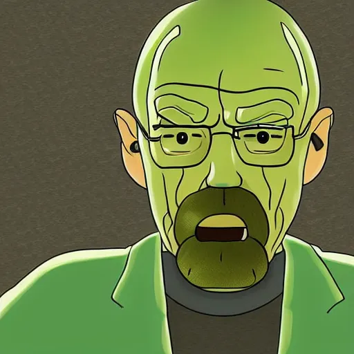 Image similar to digital art of Walter white as pickle rick from rick and morty, detailed, realism, cartoon art