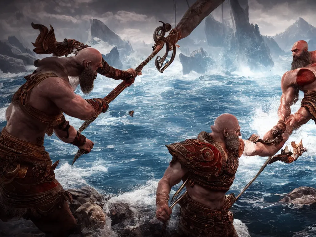 Image similar to poseidon from god of war 3 fighting kratos, ultradetailed, by artstation, unreal engine, octane render, wide angle,