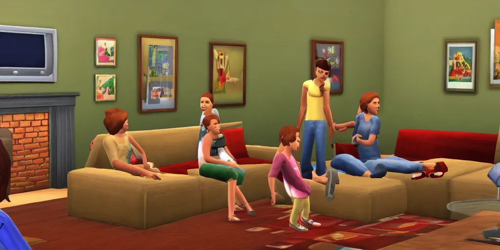 Prompt: an american living room, two children watching tv on the sofa game the sims 2 h 6 4 0