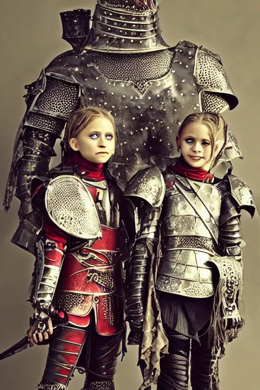 Image similar to Photo of Young Olsen twins as a medieval fantasy knight wearing dark steel scale armor and garments, Photo , red and blue jewerly ornaments, emerald jewelry, high fantasy, gothic, Sparth style, Final Fantasy style, Tsutomu Nihei style, Emil Melmoth style, Craig Mullins style, Shinkawa style, centered image, Photo , golden hour, soft lighting aesthetic, volumetric lighting,