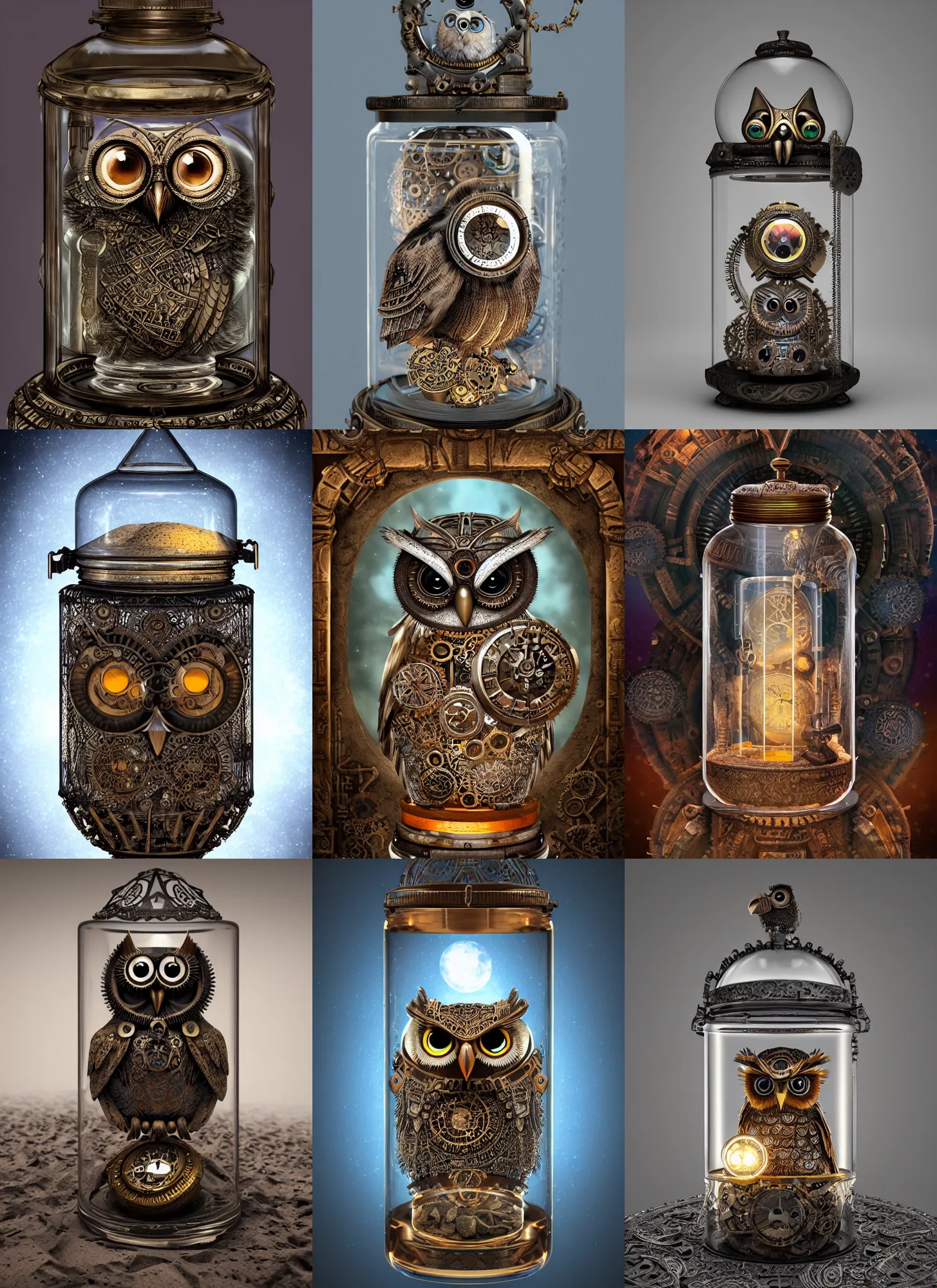 Prompt: steampunk aztec owl inside a glass jar buried in sand, hourglass, intricate detail, hyper detailed, ultra realistic, sharp focus, octane render, lantern, artstation trending, moon, pocketwatch, cgsociety, sense of awe, swirling mist, mystical, blue moon, 4 k