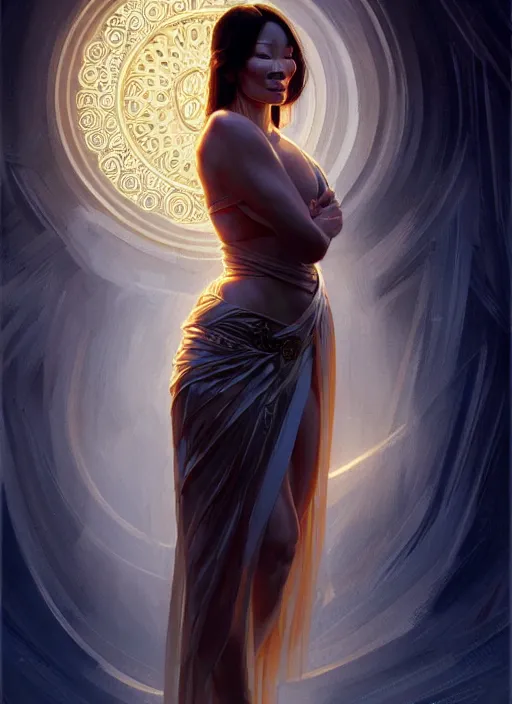 Prompt: lucy liu as greek goddess, intricate, elegant, glowing lights, highly detailed, digital painting, artstation, full figure, glamor pose, concept art, smooth, sharp focus, illustration, art by artgerm and greg rutkowski, artey freytag