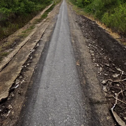 Prompt: topdown picture of an old abandoned cracked road