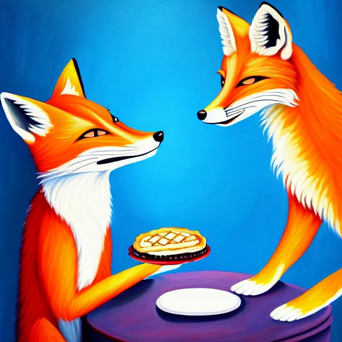 Prompt: a painting of a photorealistic anthropomorphic male red fox in a nice suit eating a slice of blueberry pie, oil on canvas, soft lighting, vivid colors