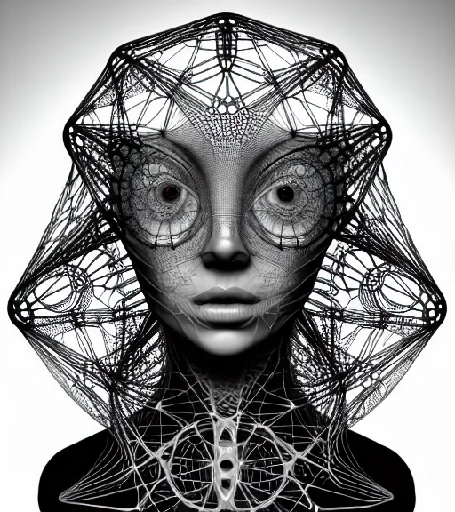 Image similar to photograph of beautiful biomechanical female blonde dreadlocks girl, hyper realistic skin, geometrical octagonal lace tattoos, polyhedral 3 d, roccoco futuristic android jones style steampunk, trippy lsd hippie, craftsmanship, intricate, hexagonal mesh wire, mandelbrot fractal spiral mandala alexander mcqueen, alex grey, giger, hyperreal, photorealistic