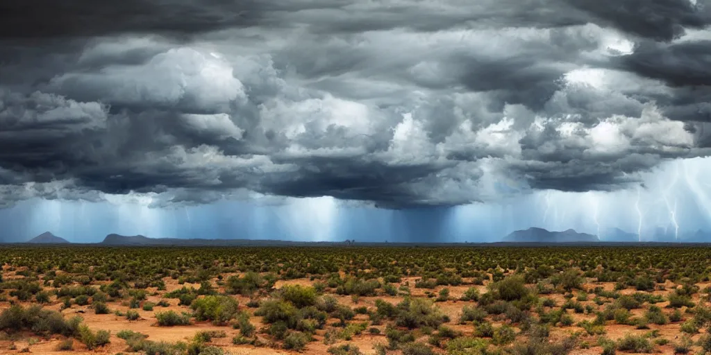 Prompt: a stormy monsoon rainstorm in the arizona desert, the landscape is mostly green with lots of mesquite trees and creasote bushes, puddles, beautiful cloudy deep blue sky, by georgia o'keeffe and thomas kinkade and quentin mabille and geoffroy thoorens, trending on artstation