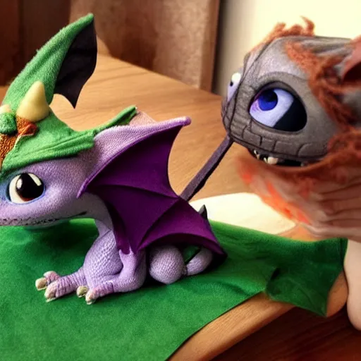 Image similar to adorable dragon sewing a sock in the style of how to train your dragon