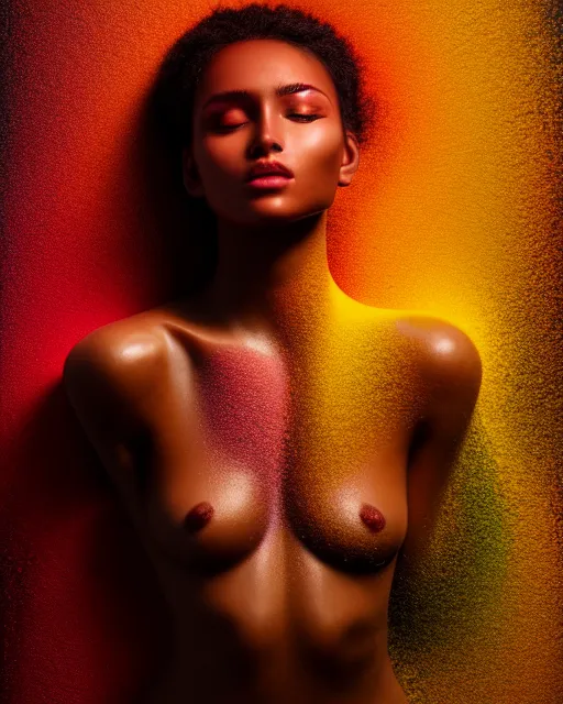 Image similar to photo half body portrait of very beautiful woman, face emerging from pool of colorful oils, brown skin, realism, extreme detail, real life, key art, soft light, volumetric light, 3 - d shadows, photo by james jean and wlop, photoshoot