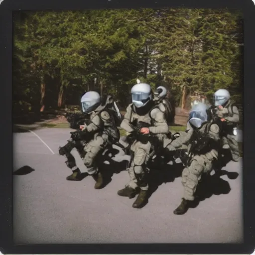 Prompt: Polaroid photo of a SWAT team of fursuiters engaging in a training exercise.