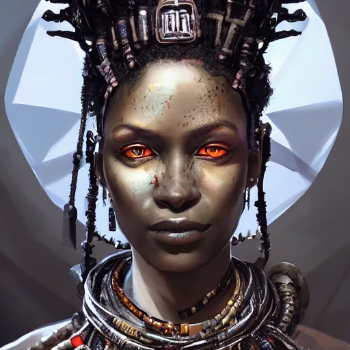 Image similar to a dark and ominous african queen with glowing eyes, a black diamond in her forehead, and jewelry made of bones, Apex Legends character digital illustration portrait design, by android jones and greg rutkowski in a cyberpunk voodoo style, detailed, cinematic lighting, wide angle action dynamic portrait