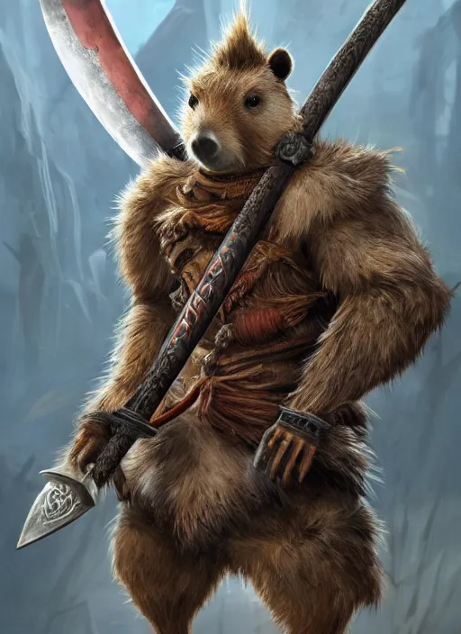 Image similar to detailed full body concept art illustration, oil painting on canvas of an anthropomorphic capybara barbarian swinging a broad sword in full intricate clothing, biomutant, dystopian, micro detail, octane render, 4K