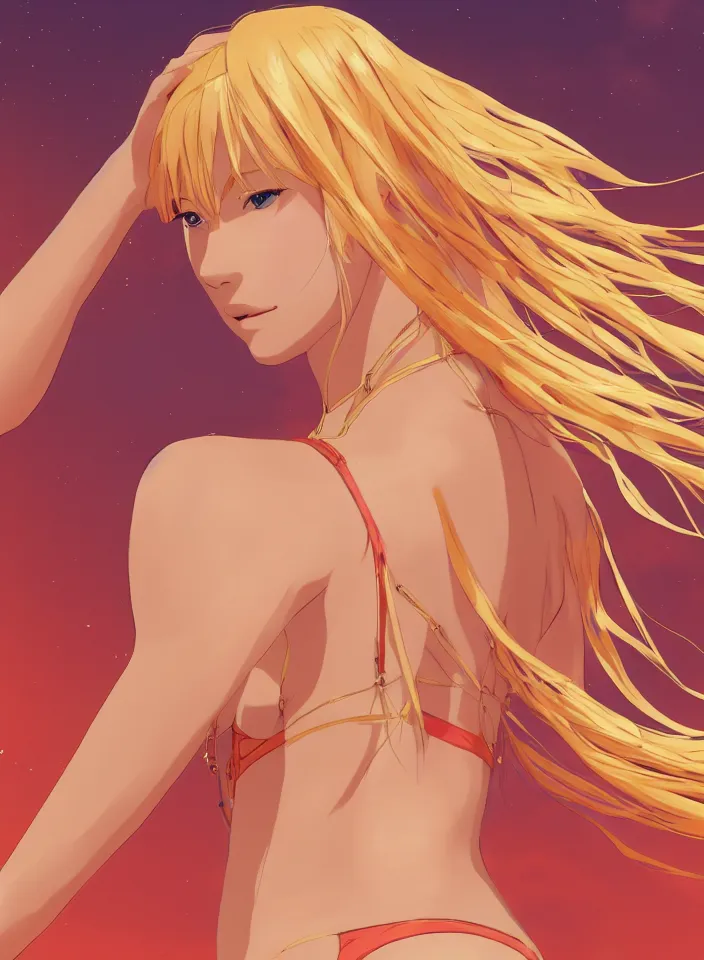 Prompt: beautiful blond woman in orange tribal bikini, long blond hair behind the ear, by makoto shinkai, 8 k, high resolution render, cinematic color grading, clean lineart and flat color,