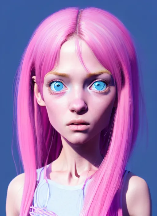 Prompt: concept art for the main character in the award winning film named life is better in pink. the character is a unnaturally beautiful teenage girl with deep light blue eyes and long curled pink hair, wearing light pink clothes. realistic cg render, anatomically correct, high key lighting, trending on art station, vibrant colors.