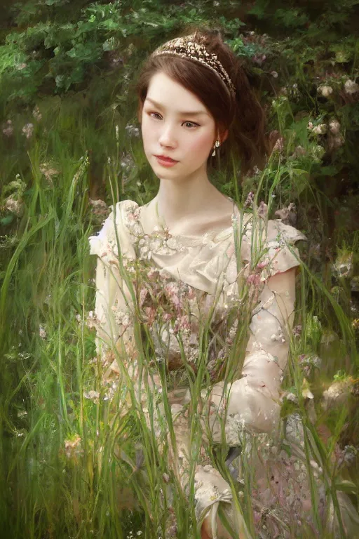 Prompt: portrait of a princess, painting by wlop, michael wellen, john stephens, in a verdant garden, tone mapping, trending on artstation