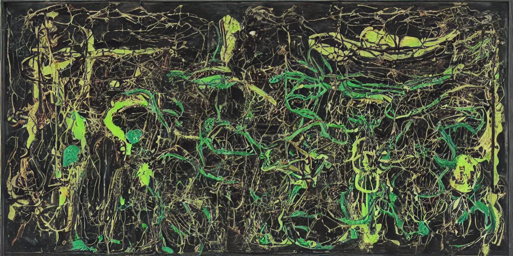 Image similar to a black and green biomechanical talisman of suffering, rotting, fungus, wings by maggi mcdonald, jackson pollock, mark rothko, sabina klein