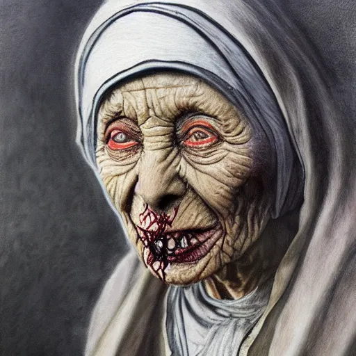 Image similar to a hyperrealistic painting of mother theresa as a zombie, by santiago caruso, highly detailed, sharp focus,