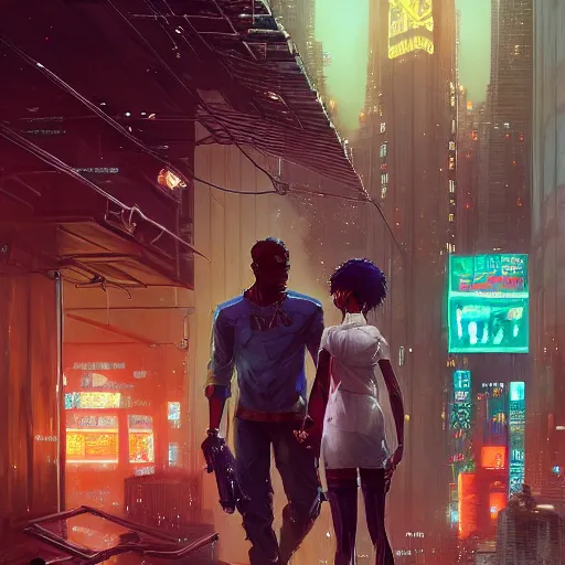 Image similar to highly detailed portrait of black love in the cyberpunk city, stephen bliss, unreal engine, fantasy art by greg rutkowski, loish, rhads, ferdinand knab, makoto shinkai and lois van baarle, ilya kuvshinov, rossdraws, tom bagshaw, global illumination, radiant light, detailed and intricate environment