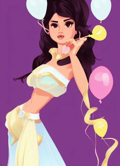 Image similar to woman resembling selena gomez dressed as a disney princess. balloons. clean cel shaded vector art. shutterstock. behance hd by lois van baarle, artgerm, helen huang, by makoto shinkai and ilya kuvshinov, rossdraws, illustration,