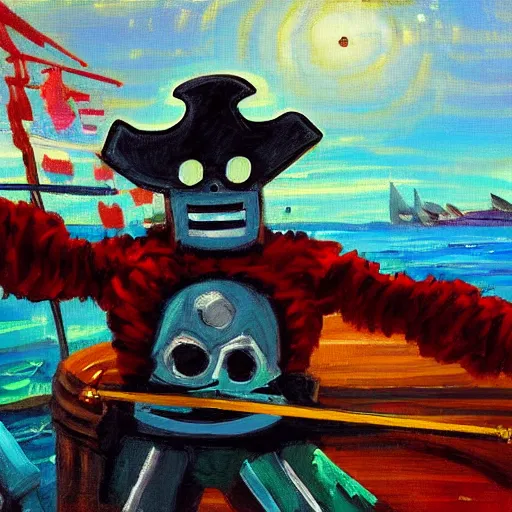 Prompt: a robot pirate, the robot is captain of a ship, on the bow, with a pirate hat and a sword in his hand. impressionist painting, landscape, thin strokes