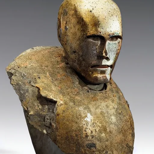 Image similar to an extremely ancient ironman bust that is tarnished and covered in sediment from uncovered earth expedition, rare photograph, smithsonian,
