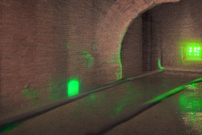 Image similar to detailed sewers environment, curved brick walls run along the channel, pipes run along the walls, a slight green glow emanates from the water, Unreal Engine render, Artstation 4K