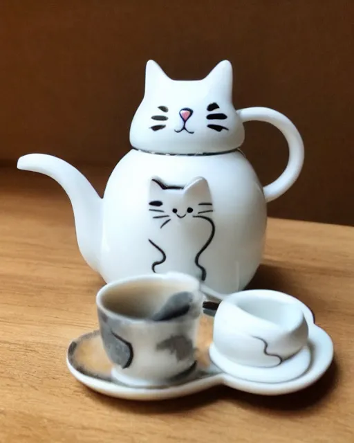 Prompt: a creepy white tea kettle shaped like a cat with a little porcelain gray mouse on the tip of it's spout