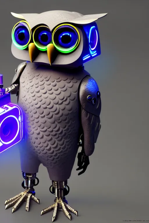 Image similar to high quality 3 d render very cute cyborg owl! with boombox!, cyberpunk highly detailed, unreal engine cinematic smooth, in the style of blade runner & detective pikachu, hannah yata charlie immer, moody light, low angle, uhd 8 k, sharp focus