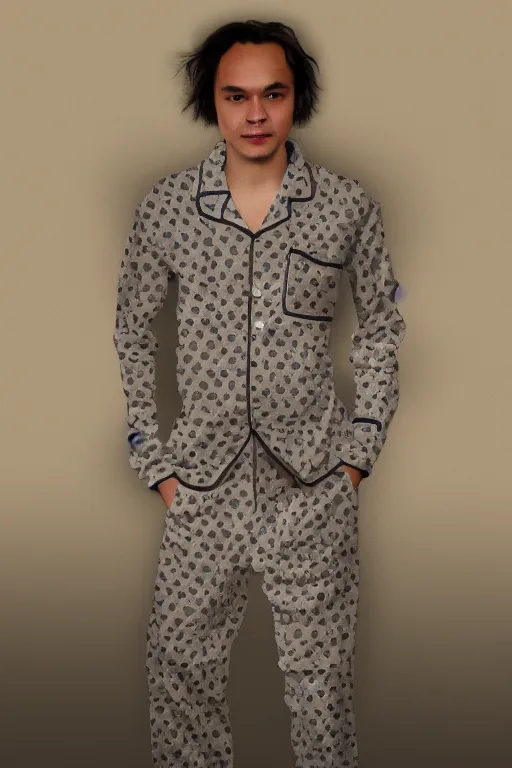 Prompt: frank dillane wearing pajamas with feet, sleepy, adorable, cute, intricate, detailed, trending on artstation, coherent