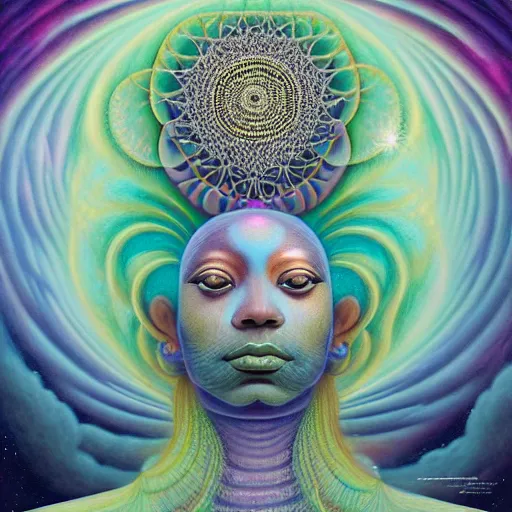 Prompt: obatala the cosmic god sitting on a throne of nebula clouds, by Adi granov and afarin sajedi and amanda sage and evgeni gordiets and Agostino Arrivabene in a psychedelic portrait style, ultrarealistic matte painting, volumetric lighting, fractal, extremely symmetrical, highly detailed face, orisha, 8k, hd