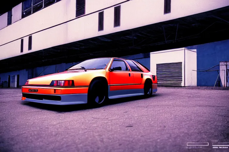 Image similar to designed by giorgetto giugiaro 1 9 9 1 audi rs 8 with turbine wheels, thick neon lights, ektachrome photograph, volumetric lighting, f 8 aperture, cinematic eastman 5 3 8 4 film