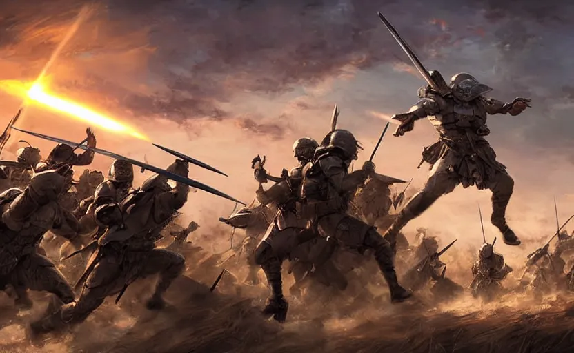 Image similar to epic cinematic artwork overview above an army charging to the enemy with the commander at the front with his sword raised, sun rays on him by greg rutowski