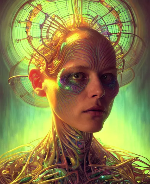 Image similar to intricate fluorescent portrait of a disturbing beautiful alien insect creature, mottling coloring, adorable, childlike, medical equipment hospital environment, ultra realistic, concept art, art nouveau, photorealistic, octane render, 8 k, unreal engine. art by christopher marley and artgerm and greg rutkowski and alphonse mucha