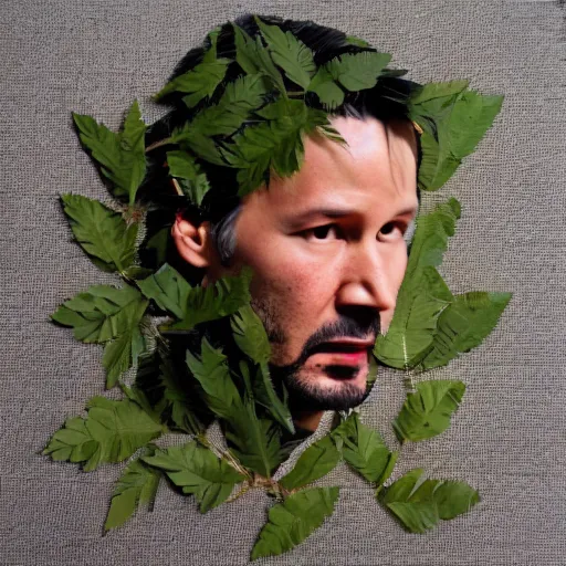 Image similar to keanu reaves made of leaves