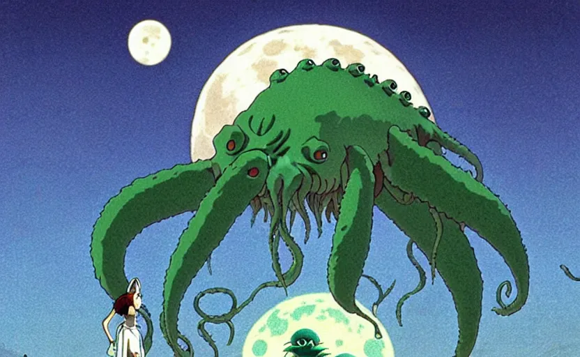 Image similar to a still from a studio ghibli movie of a cartoon cthulhu from princess mononoke ( 1 9 9 7 ), in front of a pale full moon, full body, wide shot, very dull muted colors, studio ghibli, highly detailed, deviantart, art by artgem