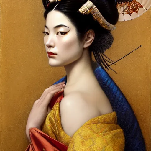 Image similar to highly detailed oil painting | very intricate | cinematic lighting | award - winning | the chicano geisha in an exquisite kimono | by roberto ferri, by tom bagshaw, by j. c. leyendecker and klimt, beautiful cinematic light, american romanticism, by austin osman spare, artstation, cgsociety, official art, octane