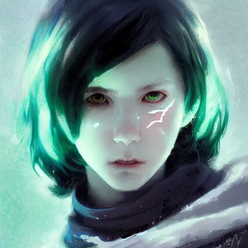 Image similar to a 14 year old teenage ghost boy with pale skin white hair and glowing green eyes. White breath showing in the cold air. Kuvshinov ilya. Ruan Jia. By Greg Rutkowski