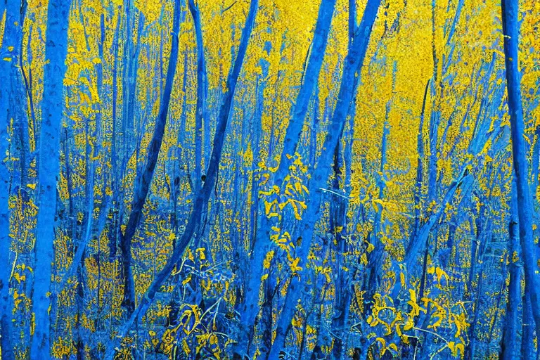 Image similar to forest of blue spaghetti under a yellow sky