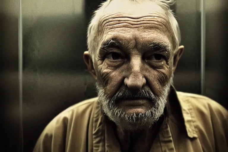 Image similar to a cinematic, close up portrait, of an old man, looking in the window, dramatic, soft light, dreamy, facial features, stood in a cell, with prison clothing, detailed, deep focus, movie still, dramatic lighting, ray tracing, by hendrik kerstens and paolo roversi