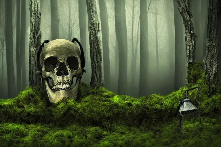 Image similar to human skeleton behind computer overgrown with moss, in forest, dark atmosphere, fantasy illustration, digital art