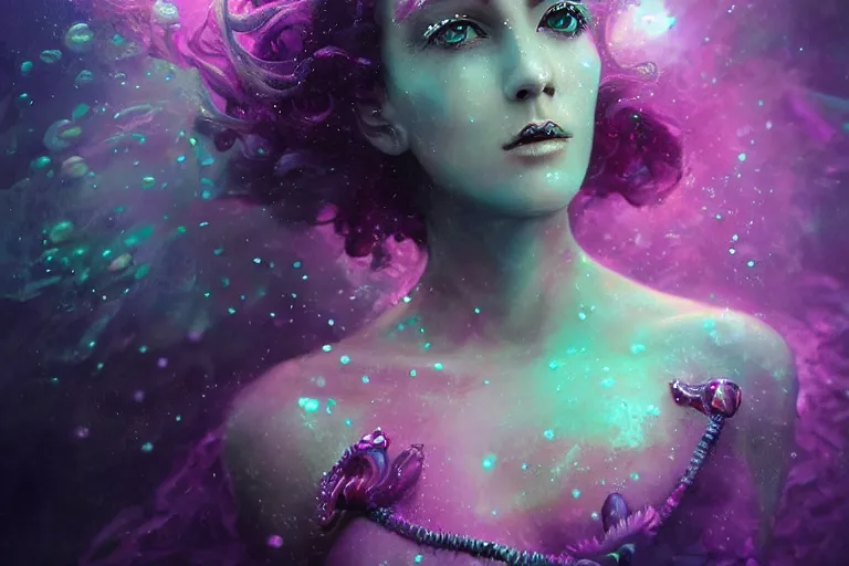 Image similar to tom bagshaw inspired, ultra realist portrait waves miniaturesdiamonds and rubies gems underwater curiosities reflections and refractions carnival, a single very beautiful enchantress in full underwater armor, symmetry accurate features, focus, very intricate ultrafine details, green purple aqua volumetric lights, award winning masterpiece, octane render 8 k hd