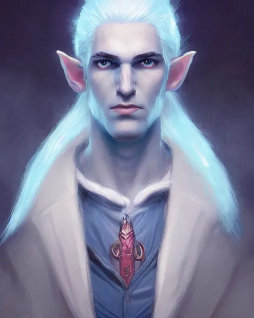 Image similar to character portrait of a slender young half elven man with white hair, piercing bright blue eyes, and pale blue skin, by greg rutkowski, mark brookes, jim burns, tom bagshaw, trending on artstation