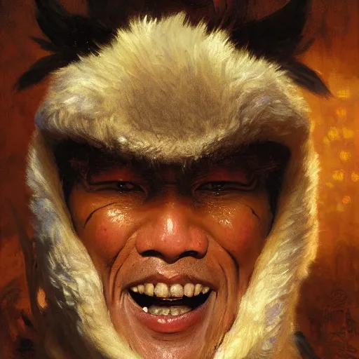 Image similar to closeup portrait of an asian scary man dressed as a chicken, highly detailed painting by gaston bussiere, craig mullins, j. c. leyendecker 8 k