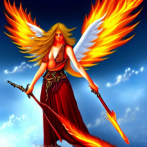 Image similar to flying fiery angelic six-winged warrior, fantasy art