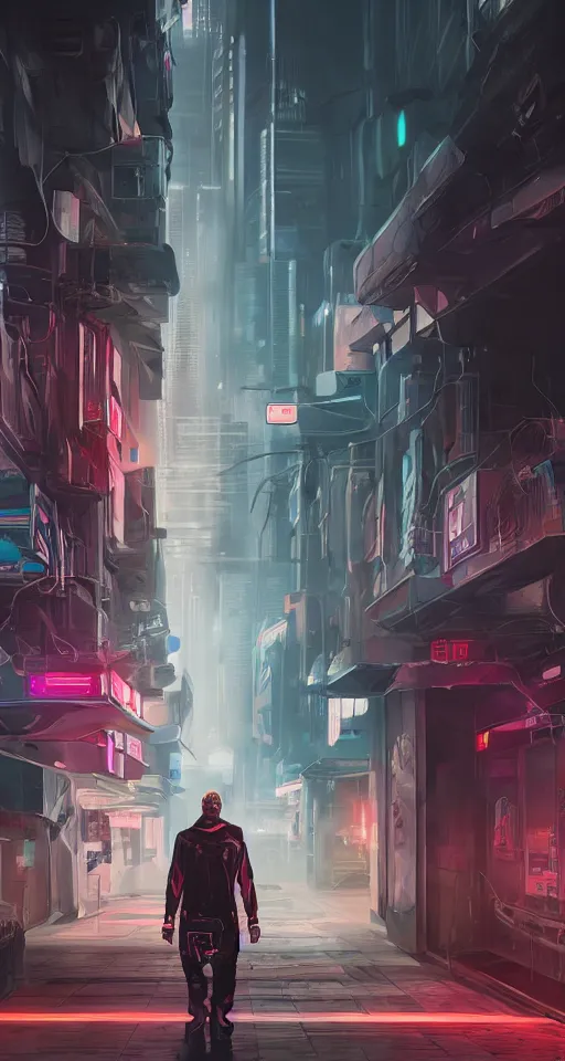 Image similar to concept art portrait of male cyberpunk walking through futuristic town