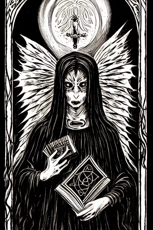 Prompt: dark angel holding a book of necronomicon, tarot card, illustration by lady frieda harris, symmetrical, cinematic, sharp focus, 4 k, ultra hd, sense of awe, sinister demonic atmosphere, dreadful, forbidden knowledge, old gods. demonology